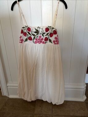Anthro bubble hem Embroidered Floral Cream Sundress with Pink & Red Flowers